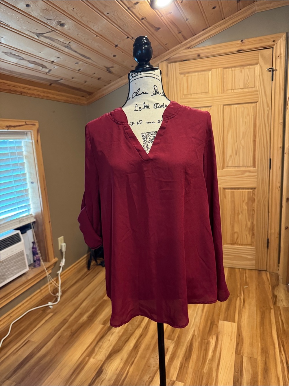 Women's V-Neck Long Sleeve Blouse - Wine